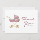水彩ピンクヴィンテージベビーカー赤ちゃんシャワー サンキューカード (正面)