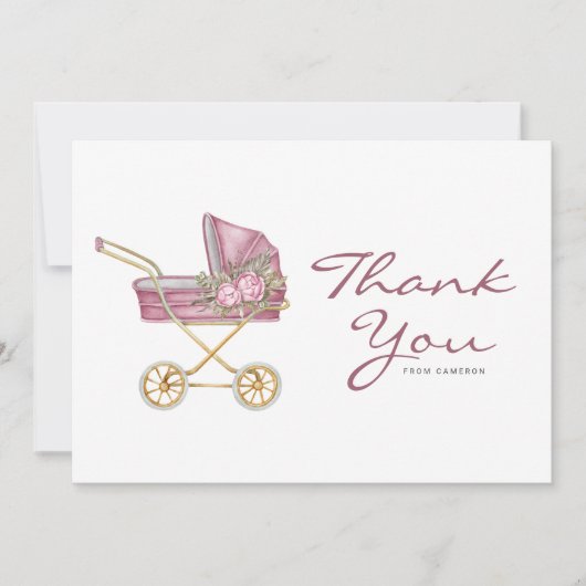 水彩ピンクヴィンテージベビーカー赤ちゃんシャワー サンキューカード (正面)