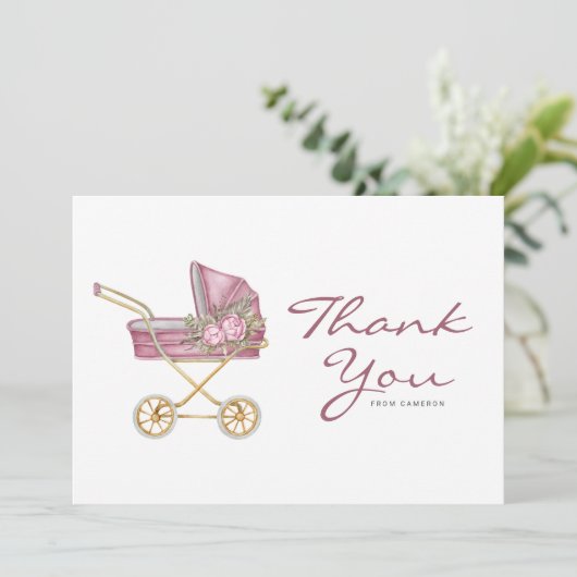 水彩ピンクヴィンテージベビーカー赤ちゃんシャワー サンキューカード (スタンド正面)
