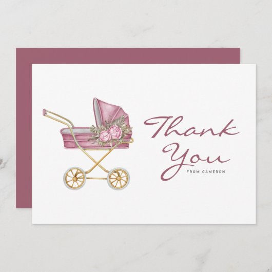 水彩ピンクヴィンテージベビーカー赤ちゃんシャワー サンキューカード (正面/裏面)