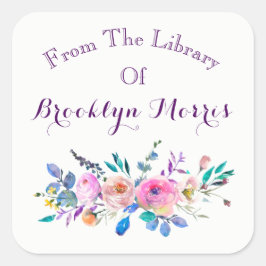 水彩ピンク及びティール（緑がかった色）フローラ蔵書票 スクエアシール