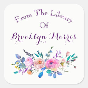 水彩ピンク及びティール（緑がかった色）フローラ蔵書票 スクエアシール