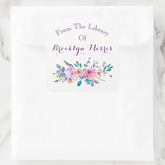 水彩ピンク及びティール(緑がかった色)フローラ蔵書票 スクエアシール (バッグ)