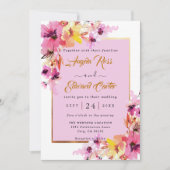 水彩ピンク及び金ゴールドフローラ結婚式招待状 セーブザデート (正面)