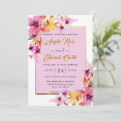 水彩ピンク及び金ゴールドフローラ結婚式招待状 セーブザデート (スタンド正面)