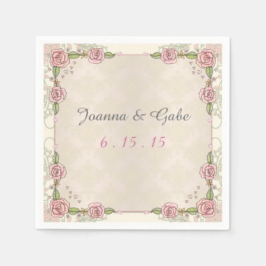 水彩ピンク図解入りの、写真付きのローゼズ結婚ナプキン スタンダードカクテルナプキン (正面)