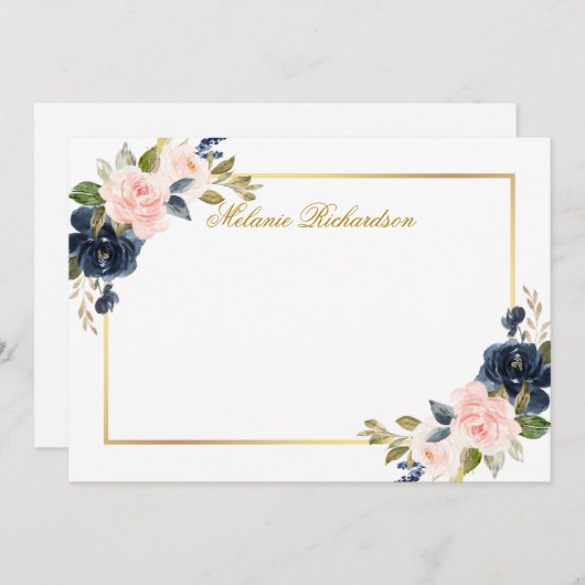 水彩ピンク埃っぽい青フローラ-サイズを選択- ノートカード (正面/裏面)