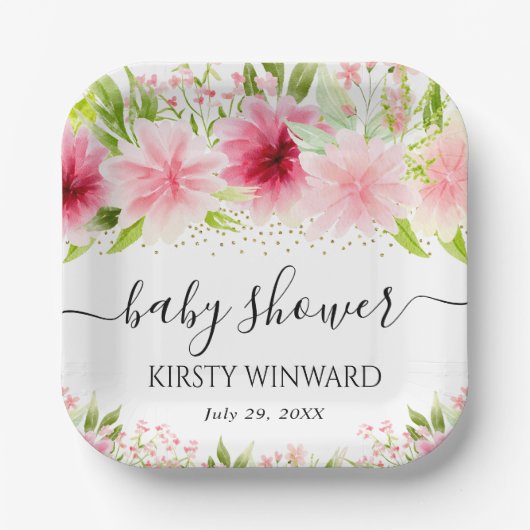 水彩ピンク夏の花ベビーシャワー ペーパープレート (正面)