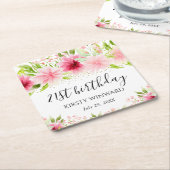 水彩ピンク夏の花誕生日 スクエアペーパーコースター (アングル)