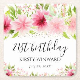 水彩ピンク夏の花誕生日 スクエアペーパーコースター