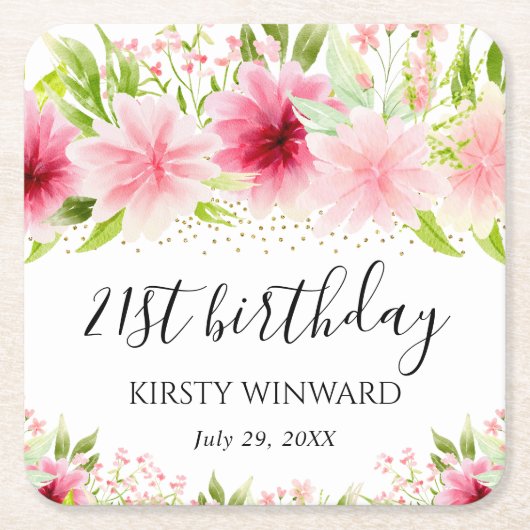 水彩ピンク夏の花誕生日 スクエアペーパーコースター (正面)