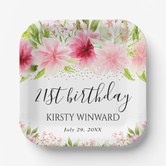 水彩ピンク夏の花誕生日 ペーパープレート (正面)