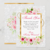 水彩ピンク夏の花金ゴールドキンセアニェラ サンキューカード (正面/裏面)