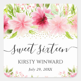水彩ピンク夏の花Sweet sixteen スクエアシール