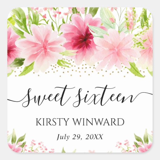 水彩ピンク夏の花Sweet sixteen スクエアシール (正面)