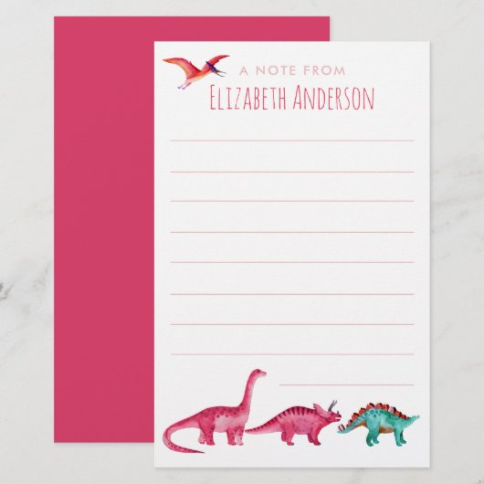 水彩ピンク恐竜  便箋 (正面/裏面)