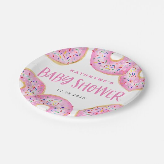 水彩ピンク散水ドーナツ赤ちゃんシャワー ペーパープレート (アングル)