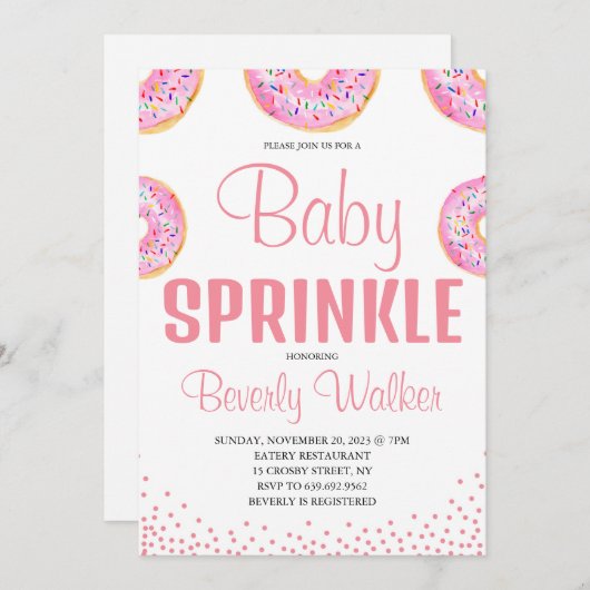 水彩ピンク散水ドーナツ赤ちゃんシャワー 招待状 (正面/裏面)