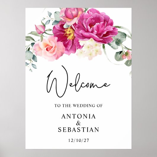 水彩ピンク明るい赤紫色フローラ結婚歓迎 ポスター (正面)