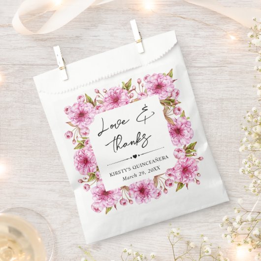 水彩ピンク春さくらんぼ花キンセアニェラ フェイバーバッグ (クリップ留めされた状態)