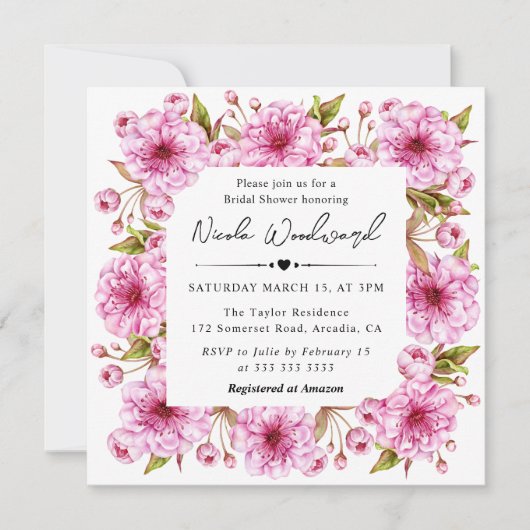 水彩ピンク春さくらんぼ花ベビーシャワー 招待状 (正面)