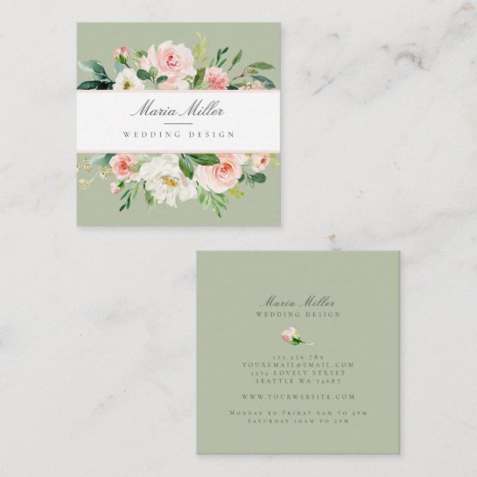 水彩ピンク春緑フローラ結婚デザイン スクエア名刺 (正面/裏面)