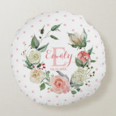 水彩ピンク水玉模様フローラベビーガール ラウンドクッション (裏面)