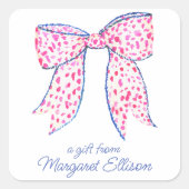 水彩ピンク水玉模様ボウギフトステッカー スクエアシール (正面)