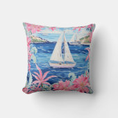 水彩ピンク熱帯帆船海岸屋外 クッション (正面)