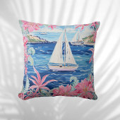 水彩ピンク熱帯帆船海岸屋外 クッション