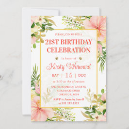 水彩ピンク熱帯花誕生日 招待状
