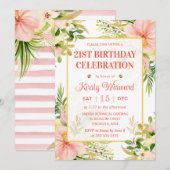 水彩ピンク熱帯花誕生日 招待状 (正面/裏面)