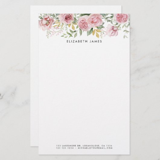 水彩ピンク牡丹とユーカリ金ゴールドリース 便箋 (正面/裏面)