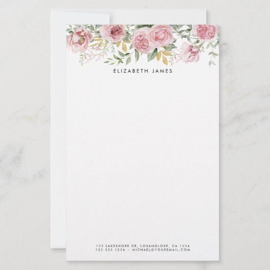 水彩ピンク牡丹とユーカリ金ゴールドリース 便箋 (正面)