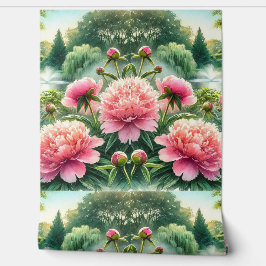 水彩ピンク牡丹と緑の壁紙 壁紙