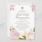 水彩ピンク牡丹の最初の聖餐式 招待状 (正面)