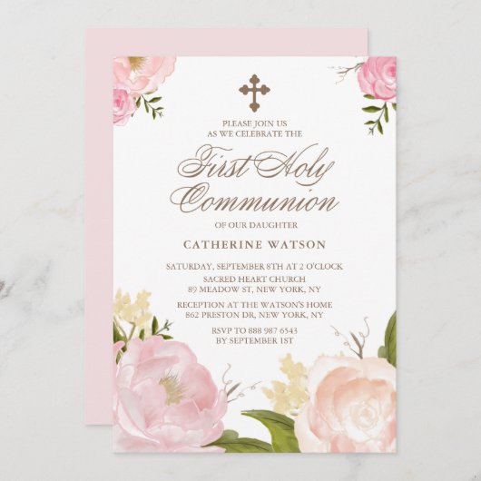 水彩ピンク牡丹の最初の聖餐式 招待状 (正面/裏面)