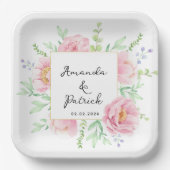 水彩ピンク牡丹の花結婚式パーティー ペーパープレート (正面)