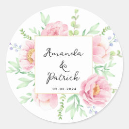 水彩ピンク牡丹の花結婚式パーティー ラウンドシール