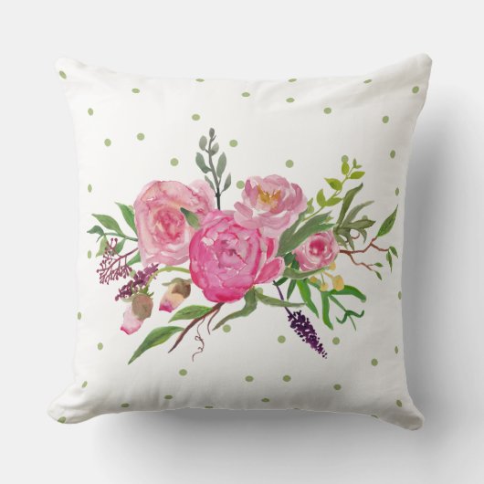 水彩ピンク牡丹アクセント枕 クッション (正面)