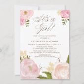 水彩ピンク牡丹ガールベビーシャワー 招待状 (正面)