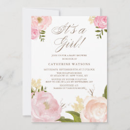 水彩ピンク牡丹ガールベビーシャワー 招待状