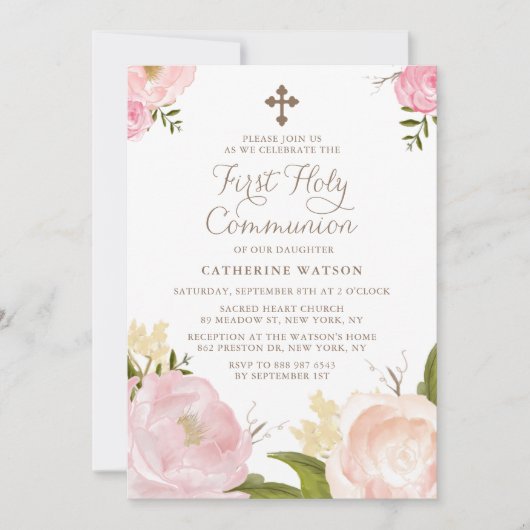 水彩ピンク牡丹ファースト聖餐式II 招待状 (正面)