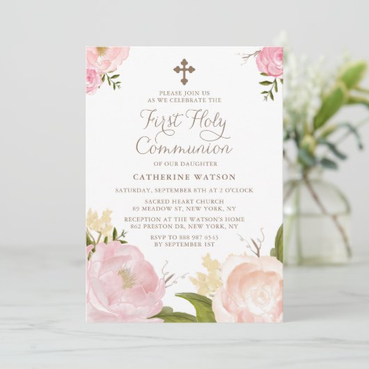 水彩ピンク牡丹ファースト聖餐式II 招待状 (スタンド正面)