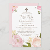 水彩ピンク牡丹ファースト聖餐式II 招待状 (正面/裏面)