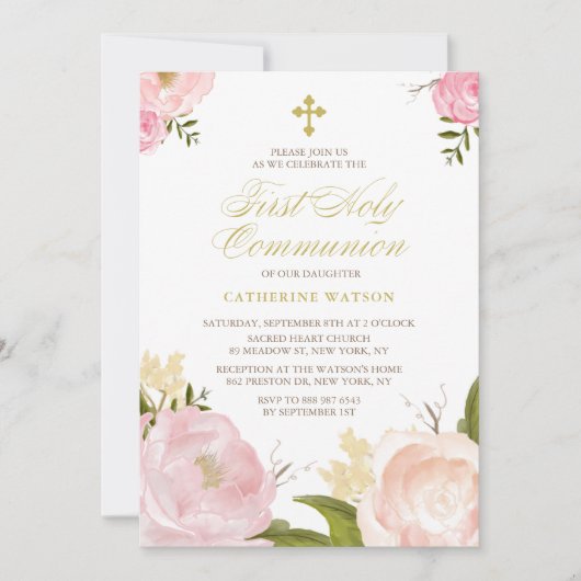 水彩ピンク牡丹ファースト聖餐式II 招待状 (正面)