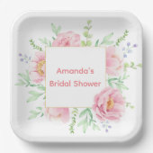 水彩ピンク牡丹フラワーズブライダルシャワーパーティー ペーパープレート (正面)