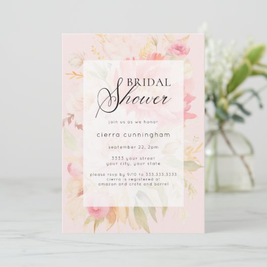 水彩ピンク牡丹フローラブライダルシャワー 招待状 (スタンド正面)