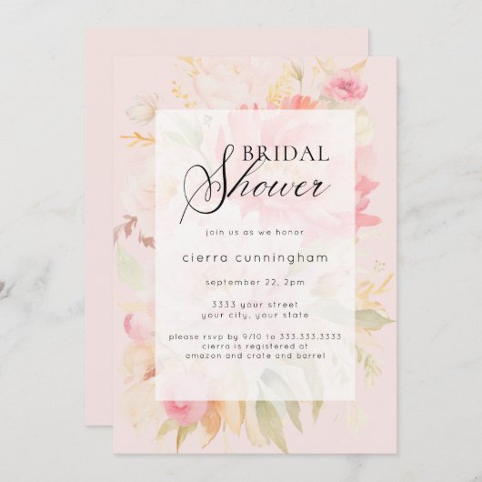 水彩ピンク牡丹フローラブライダルシャワー 招待状 (正面/裏面)