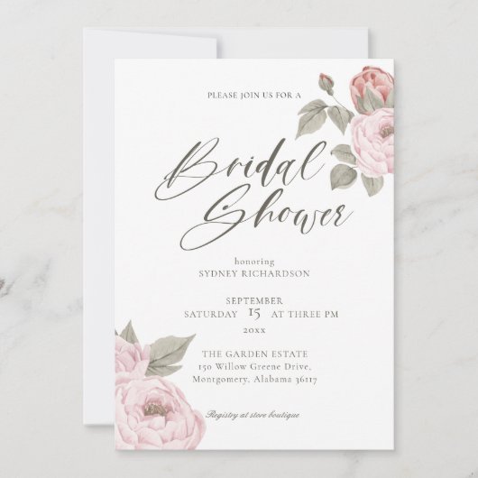 水彩ピンク牡丹フローラブロッサムブライダルシャワー 招待状 (正面)